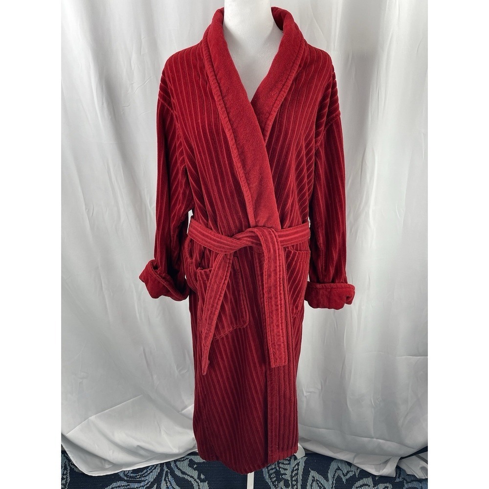 VTG 90s Laura Ashley Robe OSFM Red Ribbed Plush Belted Wrap Loungewear Cozy Warm
